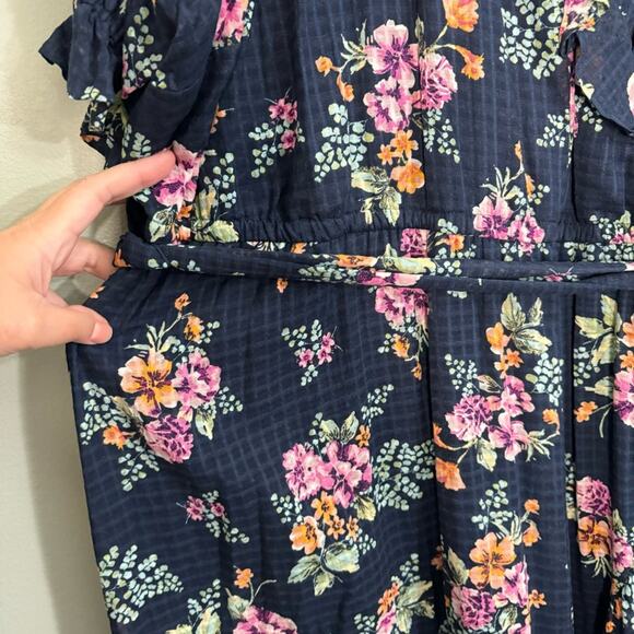 LC Lauren Conrad Floral Waffle Wrap Tie Ruffle Maxi Dress Navy Blue 4X Plus NWT - Picture 9 of 12